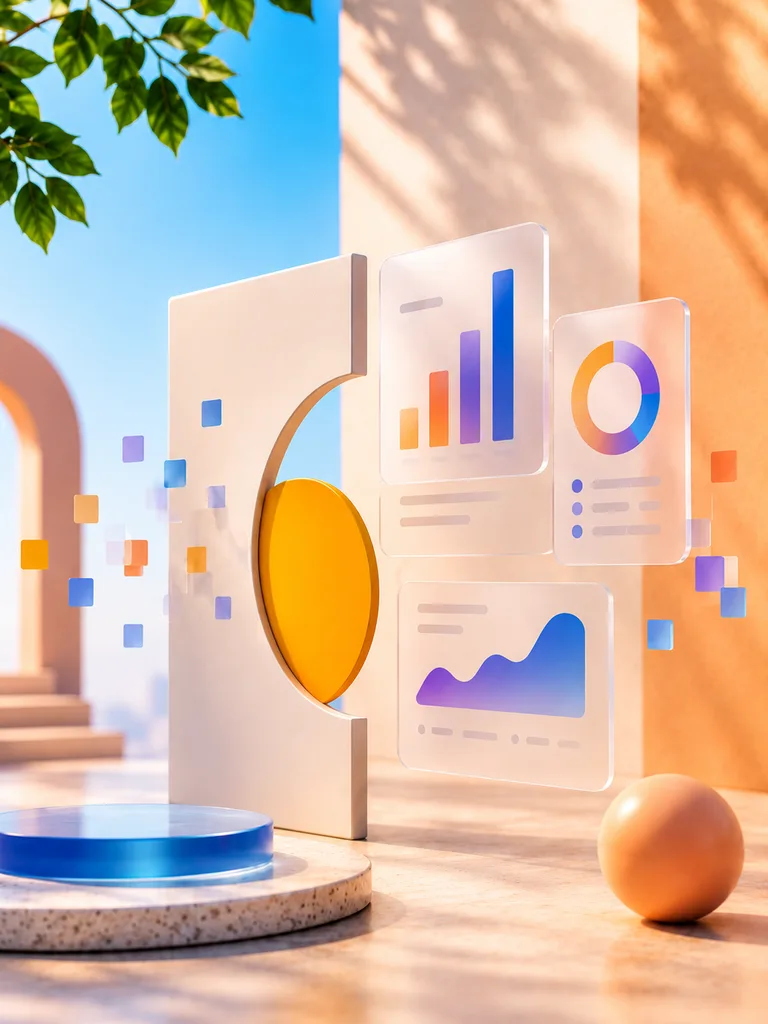 Report panels with charts drifting apart into scattered fragments